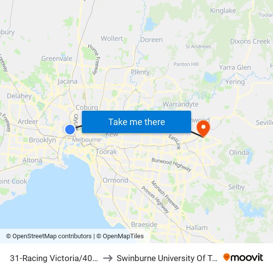 31-Racing Victoria/400 Epsom Rd (Flemington) to Swinburne University Of Technology - Croydon Campus map