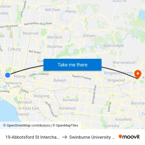 Abbotsford St Interchange/Abbotsford St #19 to Swinburne University Of Technology - Croydon Campus map
