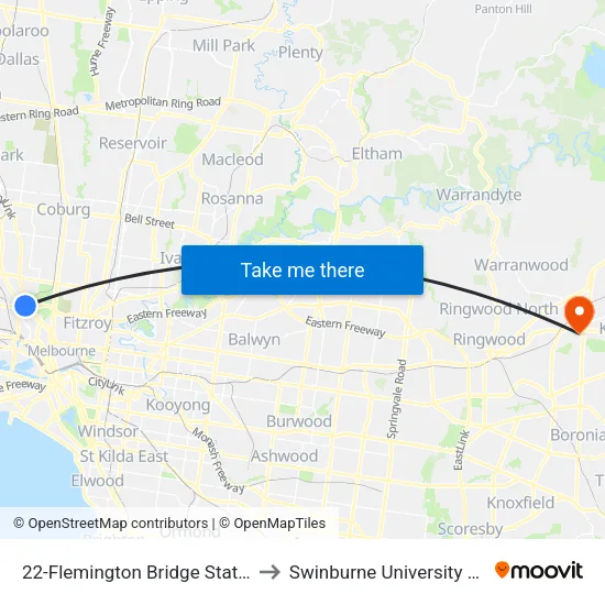 Flemington Bridge Station/Flemington Rd #22 to Swinburne University Of Technology - Croydon Campus map