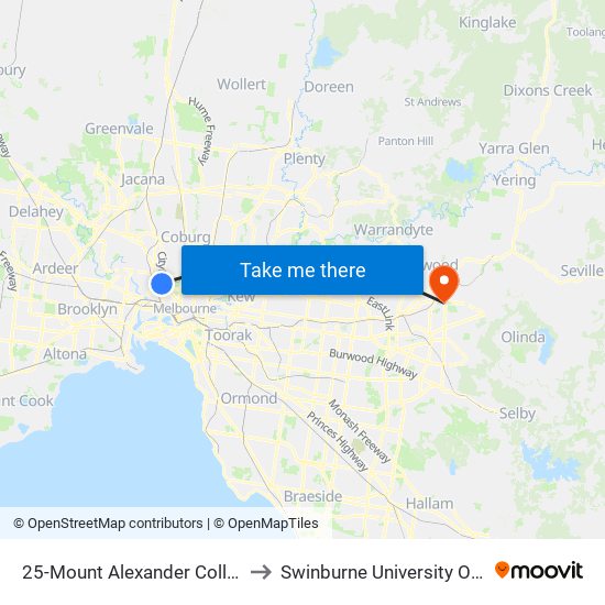 25-Mount Alexander College/Mt Alexander Rd (Travancore) to Swinburne University Of Technology - Croydon Campus map