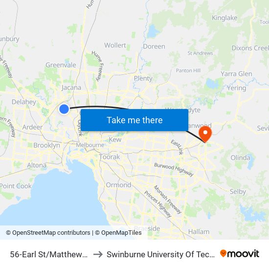 56-Earl St/Matthews Ave (Airport West) to Swinburne University Of Technology - Croydon Campus map