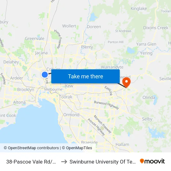 Pascoe Vale Rd/Fletcher St #38 to Swinburne University Of Technology - Croydon Campus map