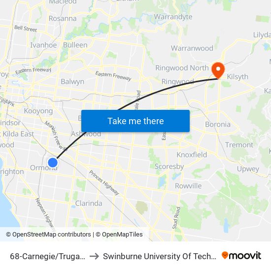 68-Carnegie/Truganini Rd (Carnegie) to Swinburne University Of Technology - Croydon Campus map