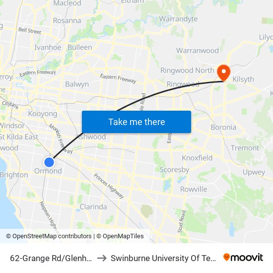 62-Grange Rd/Glenhuntly Rd (Glen Huntly) to Swinburne University Of Technology - Croydon Campus map