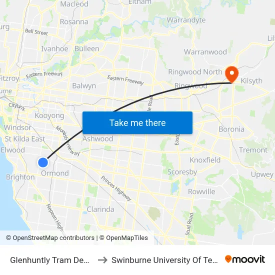 Glenhuntly Tram Depot/Glenhuntly Rd #53 to Swinburne University Of Technology - Croydon Campus map