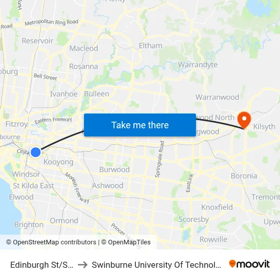 Edinburgh St/Swan St #13 to Swinburne University Of Technology - Croydon Campus map