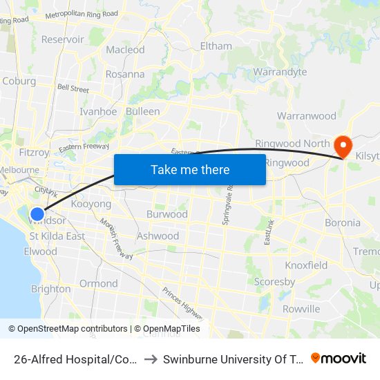 26-Alfred Hospital/Commercial Rd (South Yarra) to Swinburne University Of Technology - Croydon Campus map