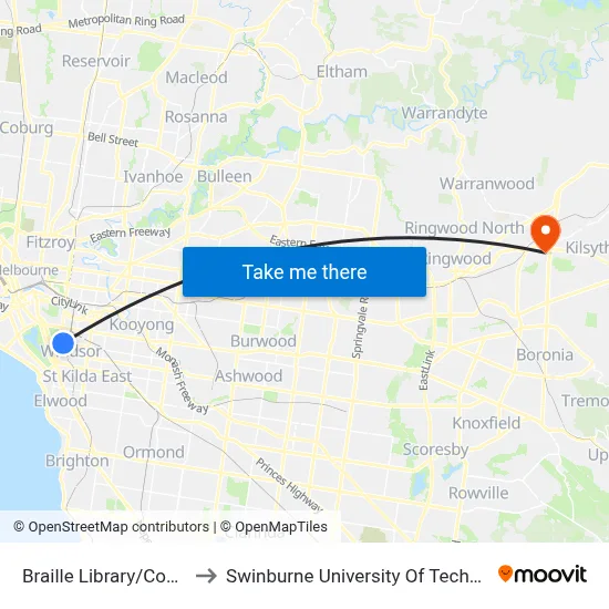 Braille Library/Commercial Rd #28 to Swinburne University Of Technology - Croydon Campus map