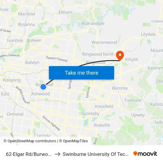 Elgar Rd/Burwood Hwy #62 to Swinburne University Of Technology - Croydon Campus map