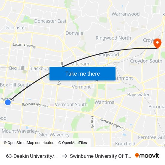 63-Deakin University/Burwood Hwy (Burwood) to Swinburne University Of Technology - Croydon Campus map