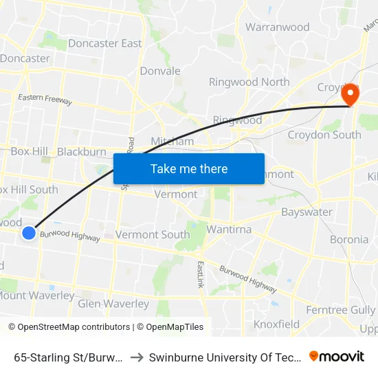 Starling St/Burwood Hwy #65 to Swinburne University Of Technology - Croydon Campus map