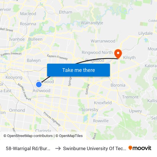 58-Warrigal Rd/Burwood Hwy (Burwood) to Swinburne University Of Technology - Croydon Campus map