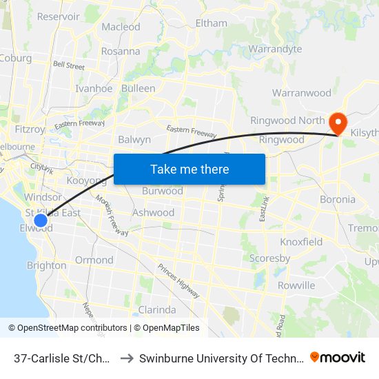 37-Carlisle St/Chapel St (St Kilda) to Swinburne University Of Technology - Croydon Campus map