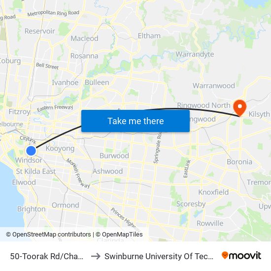 50-Toorak Rd/Chapel St (South Yarra) to Swinburne University Of Technology - Croydon Campus map