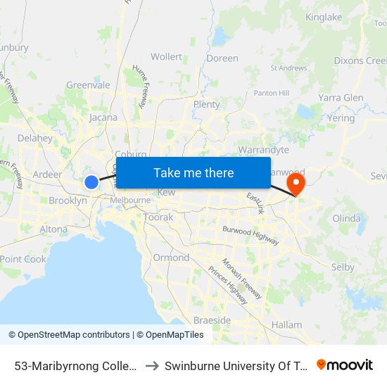 53-Maribyrnong College/River St (Maribyrnong) to Swinburne University Of Technology - Croydon Campus map