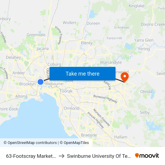 Footscray Market/Leeds St #63 to Swinburne University Of Technology - Croydon Campus map