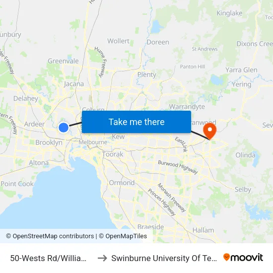 Wests Rd/Williamson Rd #50 to Swinburne University Of Technology - Croydon Campus map