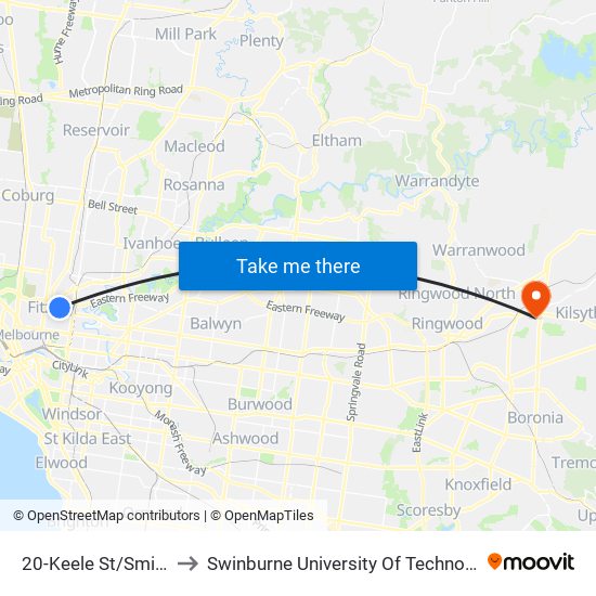 20-Keele St/Smith St (Fitzroy) to Swinburne University Of Technology - Croydon Campus map