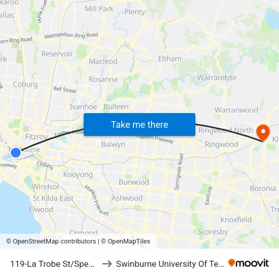 La Trobe St/Spencer St #119 to Swinburne University Of Technology - Croydon Campus map