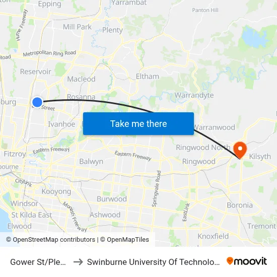 Gower St/Plenty Rd #48 to Swinburne University Of Technology - Croydon Campus map