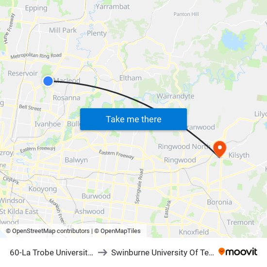 60-La Trobe University/Plenty Rd (Bundoora) to Swinburne University Of Technology - Croydon Campus map