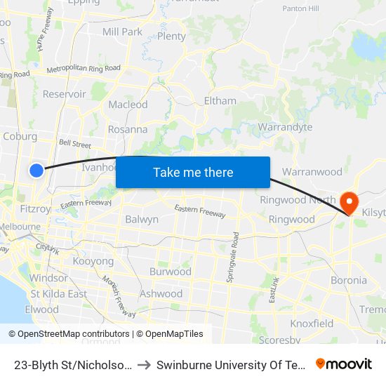 23-Blyth St/Nicholson St (Brunswick East) to Swinburne University Of Technology - Croydon Campus map