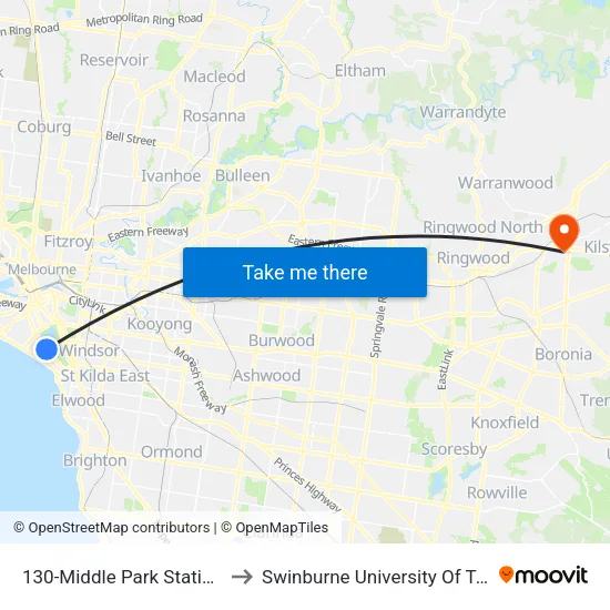 Middle Park Station/Light Rail #130 to Swinburne University Of Technology - Croydon Campus map