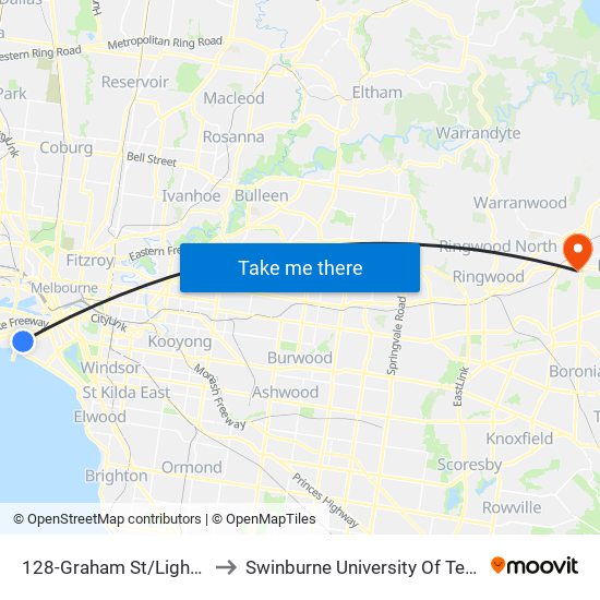 128-Graham St/Light Rail (Port Melbourne) to Swinburne University Of Technology - Croydon Campus map