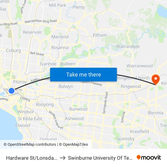 Hardware St/Lonsdale St (Melbourne City) to Swinburne University Of Technology - Croydon Campus map