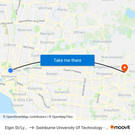 Elgin St/Lygon St to Swinburne University Of Technology - Croydon Campus map