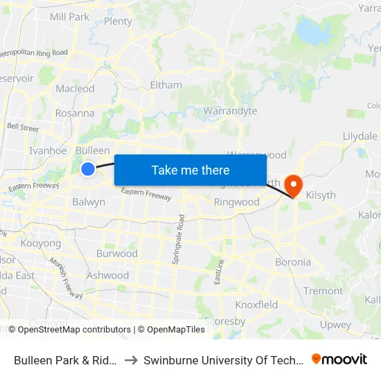 Bulleen Park & Ride/Thompsons Rd to Swinburne University Of Technology - Croydon Campus map