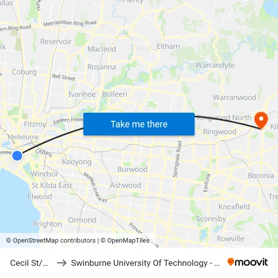 Cecil St/City Rd to Swinburne University Of Technology - Croydon Campus map
