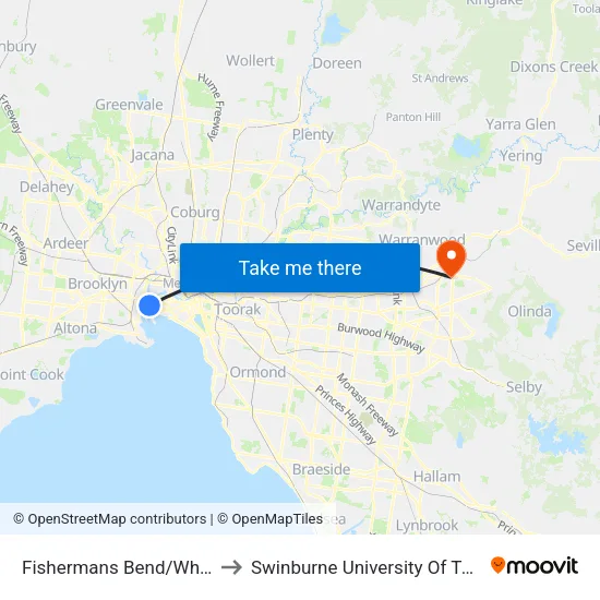 Fishermans Bend/Wharf Rd to Swinburne University Of Technology - Croydon Campus map