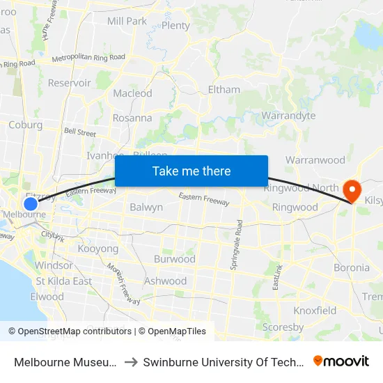 Melbourne Museum/Rathdowne St to Swinburne University Of Technology - Croydon Campus map