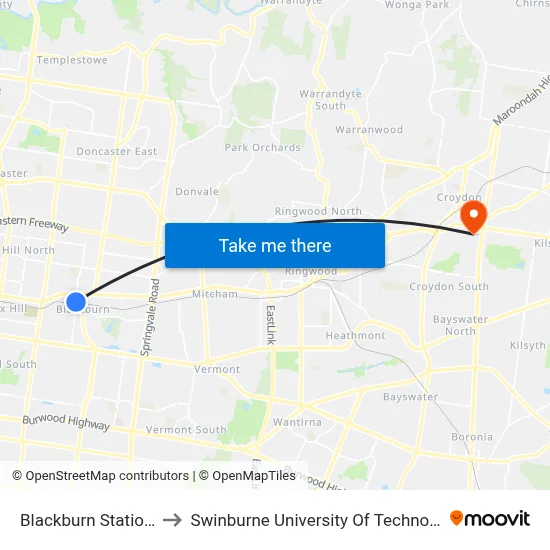 Blackburn Station/Railway Rd to Swinburne University Of Technology - Croydon Campus map