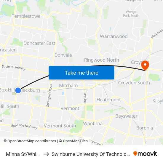 Minna St/Whitehorse Rd to Swinburne University Of Technology - Croydon Campus map