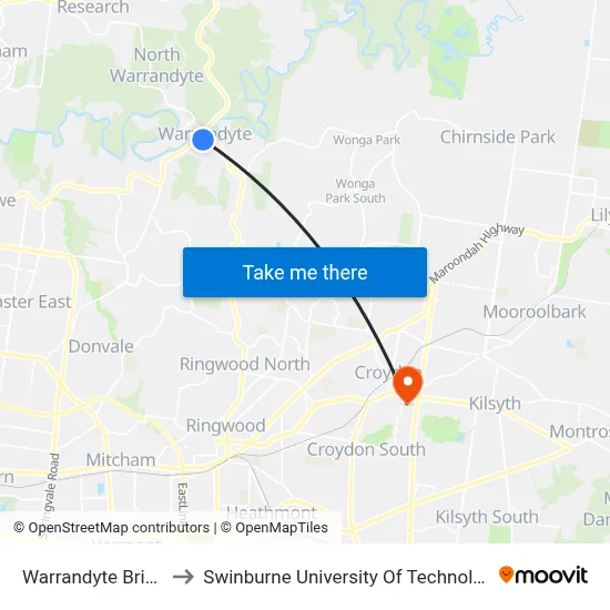 Warrandyte Bridge/Yarra St to Swinburne University Of Technology - Croydon Campus map