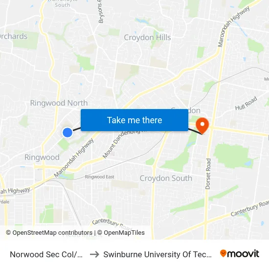 Norwood Sec Col/Mullum Mullum Rd to Swinburne University Of Technology - Croydon Campus map