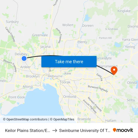 Keilor Plains Station/East Esplanade to Swinburne University Of Technology - Croydon Campus map