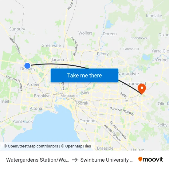 Watergardens Station/Watergardens Circuit Rd to Swinburne University Of Technology - Croydon Campus map