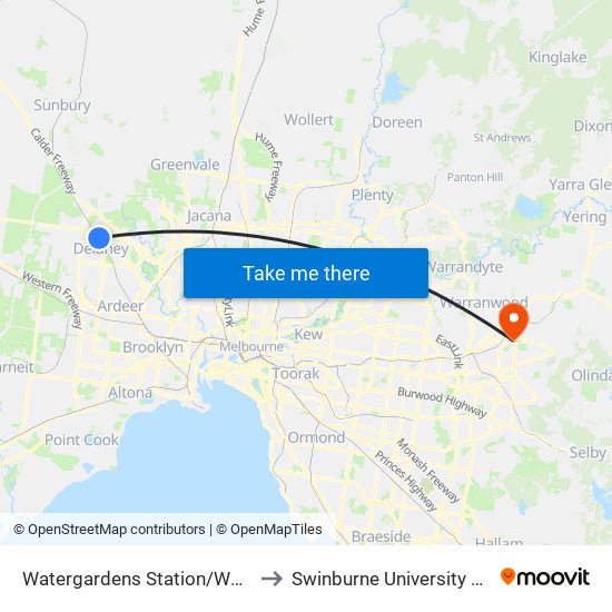 Watergardens Station/Watergardens Circuit Rd (Taylors Lakes) to Swinburne University Of Technology - Croydon Campus map