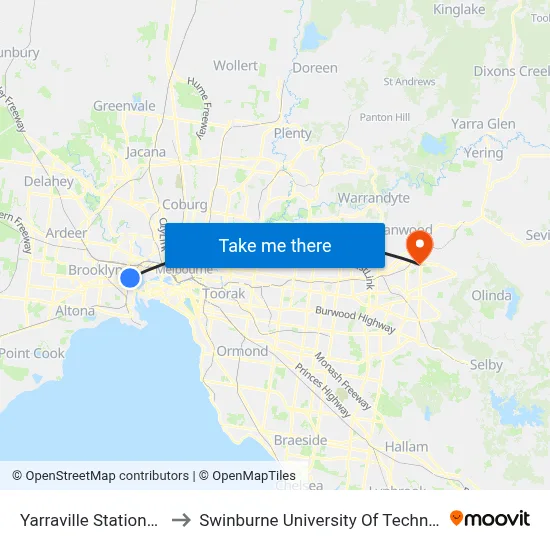 Yarraville Station/Birmingham St to Swinburne University Of Technology - Croydon Campus map