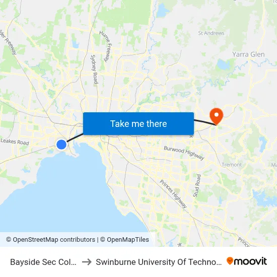 Bayside Sec Col/Blenheim Rd to Swinburne University Of Technology - Croydon Campus map