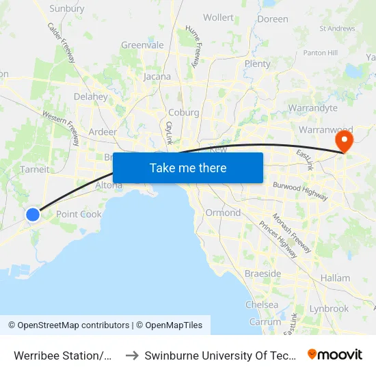 Werribee Station/Manly St to Swinburne University Of Technology - Croydon Campus map