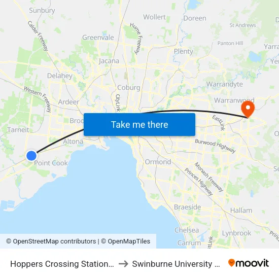 Hoppers Crossing Station/Old Geelong Rd to Swinburne University Of Technology - Croydon Campus map