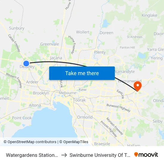 Watergardens Station/Watergardens Circuit Rd to Swinburne University Of Technology - Croydon Campus map