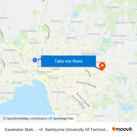 Essendon Station/Rose St to Swinburne University Of Technology - Croydon Campus map