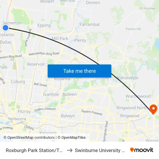 Roxburgh Park Station/Thomas Brunton Pde to Swinburne University Of Technology - Croydon Campus map