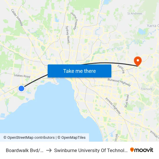 Boardwalk Bvd/Dunnings Rd to Swinburne University Of Technology - Croydon Campus map