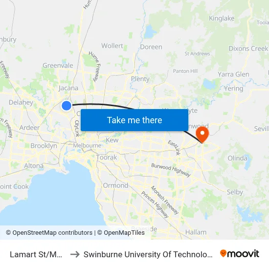 Lamart St/Mascoma St to Swinburne University Of Technology - Croydon Campus map